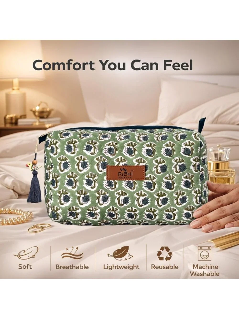 Set of 3 Hand Block Print Toiletry Bags - 100% Cotton, Basil Green Design